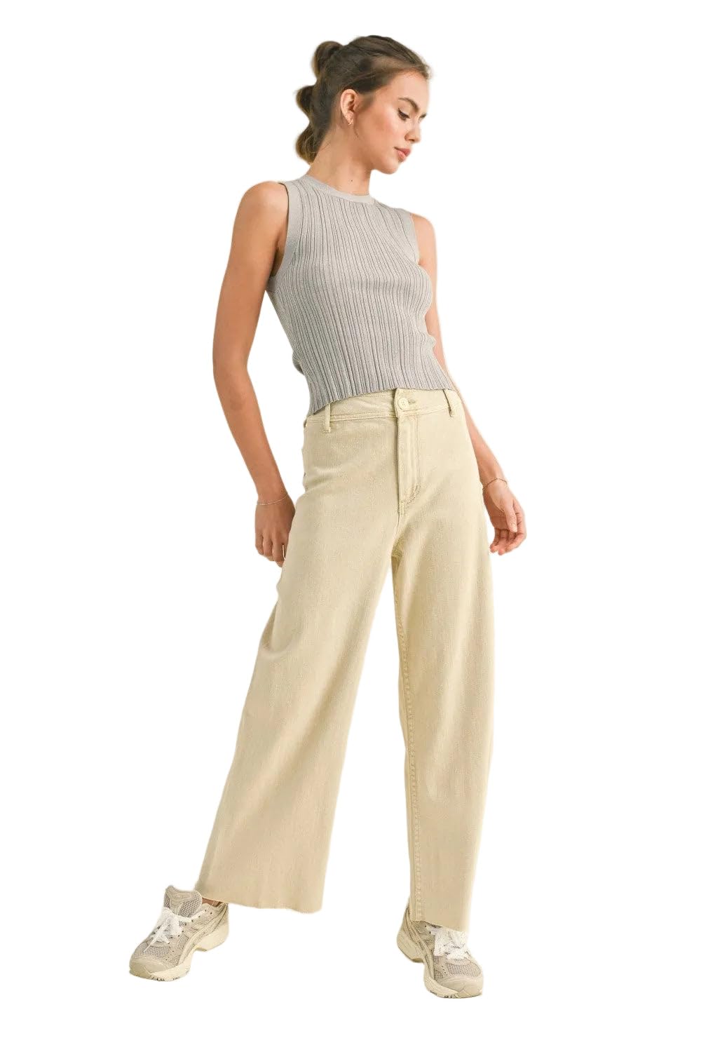 Miou Muse - Straight Wide Leg Denim Pants - MMP623, Beige, Small